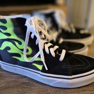 Vans Black and Green Flame High-Tops